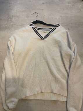 Copper Key Cream V-Neck Sweater with Navy Stripe
